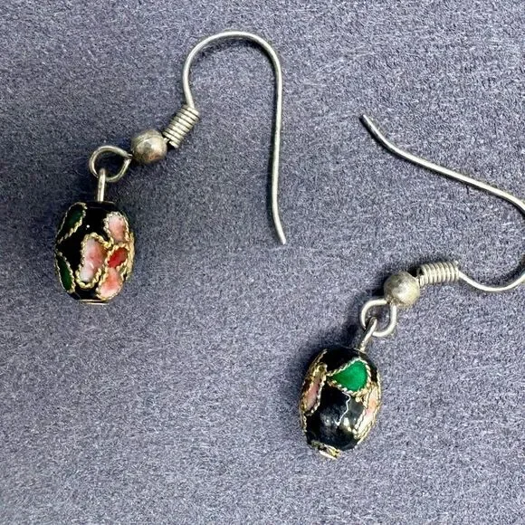Vintage Cloisonné Enamel Bead Earrings Black Floral Drop Dangles Hand-Painted - Picture 6 of 11